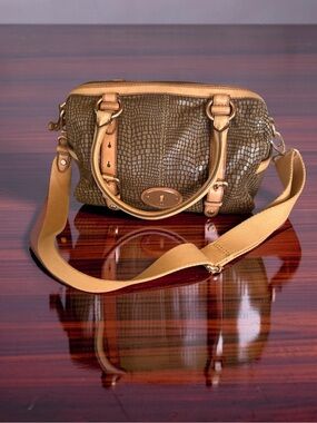Fossil Olive Green Textured Crossbody with Tan Accents